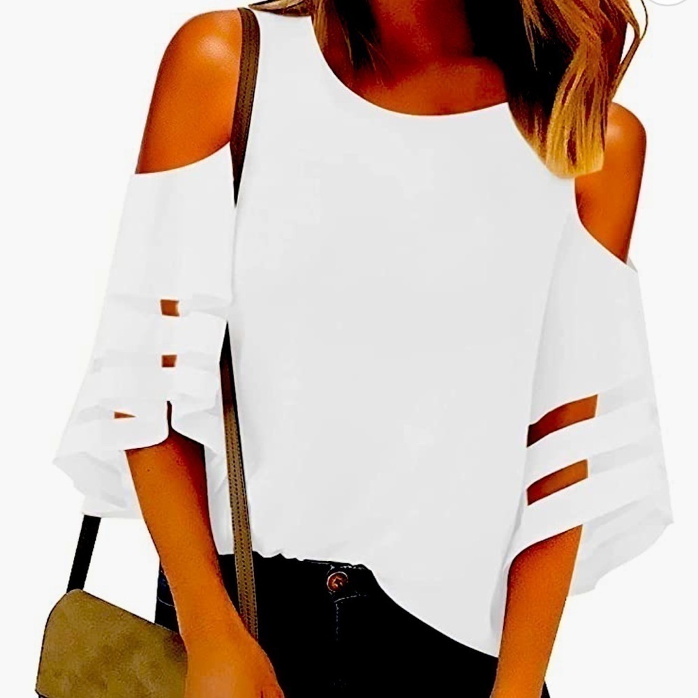 Women’s Cold Shoulder Loose Blouse 3/4 Bell Mesh Sleeve White